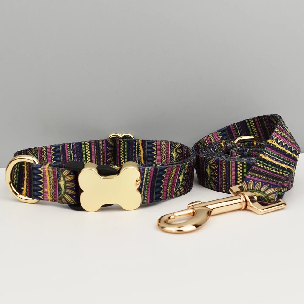 Petspuff Personalised Boho Dog Collar & Lead – Engraved Nameplate | 5 Designs, S–XL