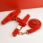 Petspuff Personalised Red Lace Wedding Dog Collar, Harness & Lead – Engraved Nameplate | 3-Piece Set