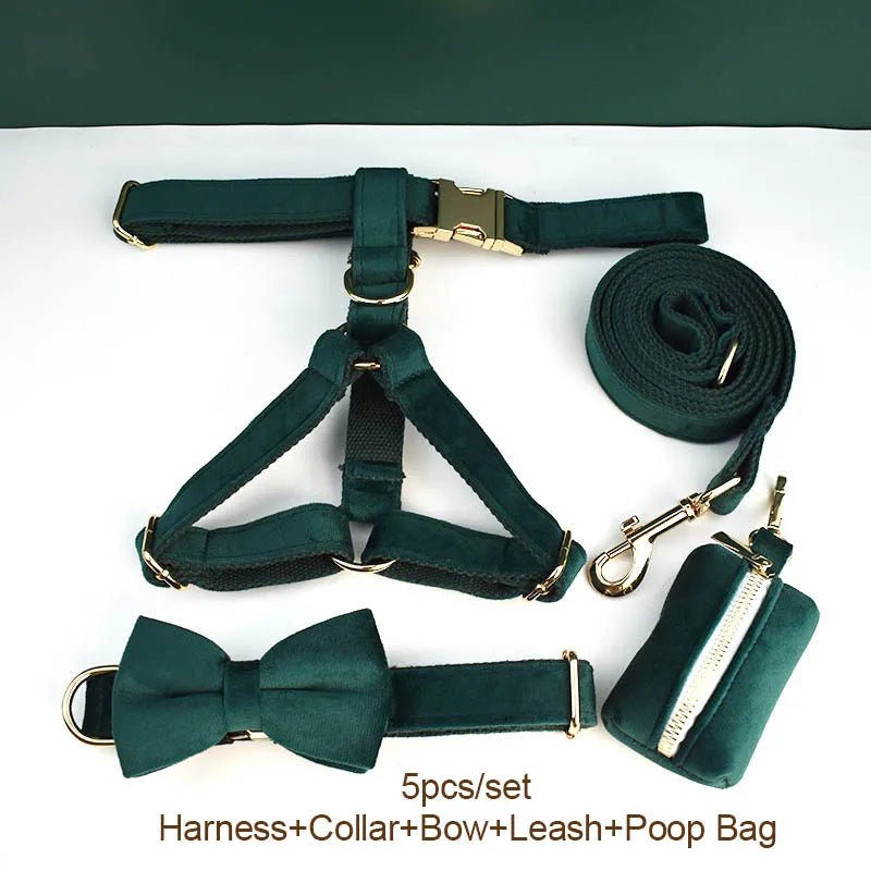 Petspuff Personalised Green Velvet Dog Collar & Lead Set – Engraved Name Tag, Bow & Harness - Petspuff