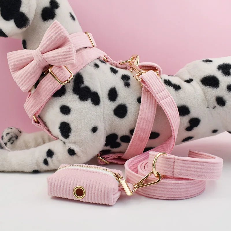Petspuff Personalised Pink Corduroy Dog Collar & Lead Set – Engraved Name Tag, Bow & Harness