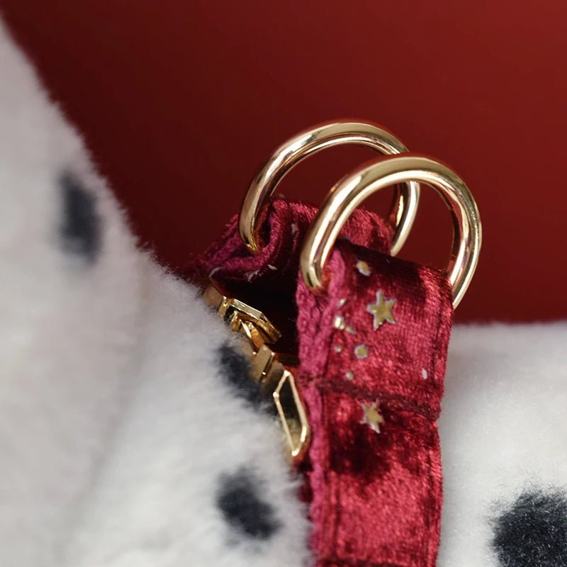 Petspuff Personalised Wine Red Velvet Dog Harness & Lead – Engraved ID Tag, Gold Hardware & Bow - Petspuff