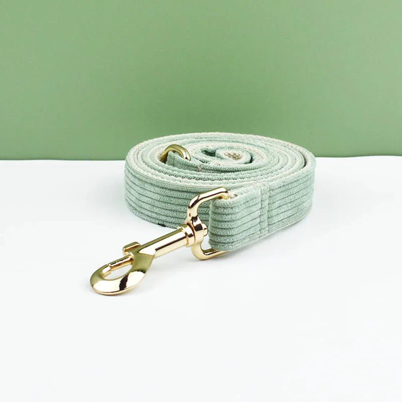 Petspuff Personalised Light Green Corduroy Dog Collar & Lead Set – Engraved Name Tag, Bow & Harness