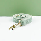 Petspuff Personalised Light Green Corduroy Dog Collar & Lead Set – Engraved Name Tag, Bow & Harness