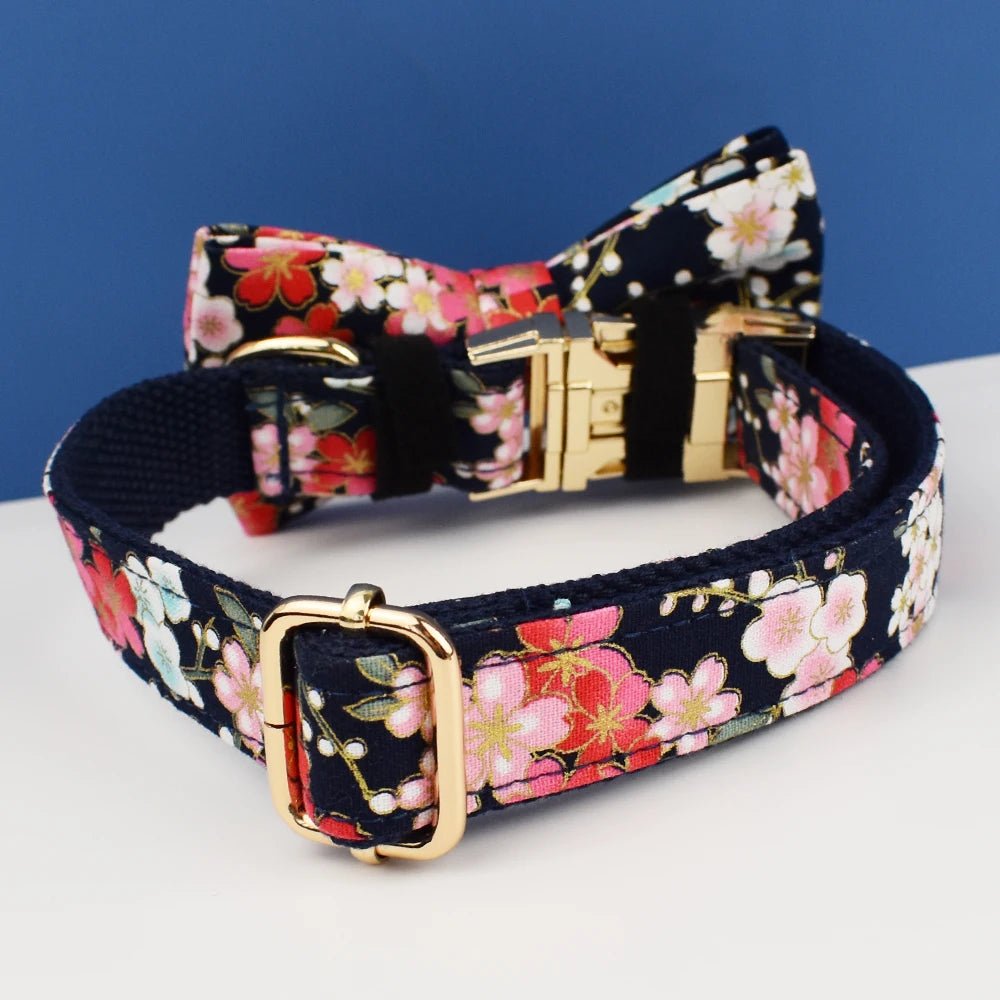 Petspuff Personalised Floral Cotton Dog Collar, Harness & Lead Set – Engraved Name Tag & Bow | Style 03