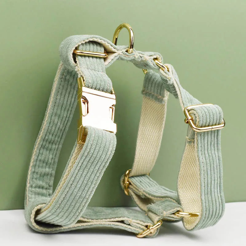 Petspuff Personalised Light Green Corduroy Dog Collar & Lead Set – Engraved Name Tag, Bow & Harness