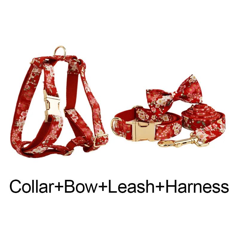 Petspuff Personalised Red Floral Cotton Dog Collar, Harness & Lead Set – Engraved Name Tag, Bow & Flower