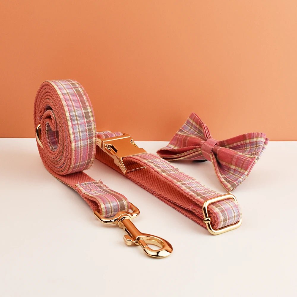 Petspuff Personalised Plaid Dog Collar & Lead Set – Engraved Name Tag, Bow & Harness Options