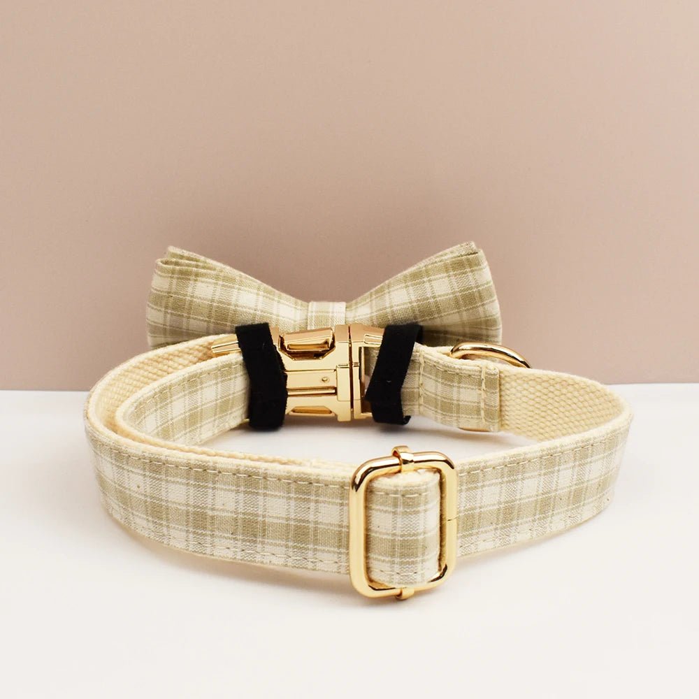 Petspuff Personalised Plaid Dog Collar, Harness & Lead Set – Engraved Name Tag & Bow | Style 23