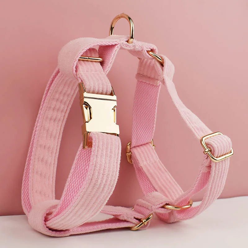 Petspuff Personalised Pink Corduroy Dog Collar & Lead Set – Engraved Name Tag, Bow & Harness