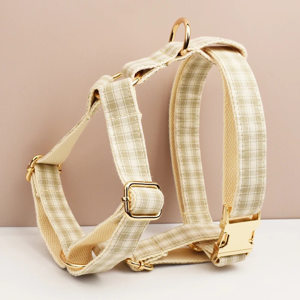 Petspuff Personalised Plaid Dog Collar, Harness & Lead Set – Engraved Name Tag & Bow | Style 23