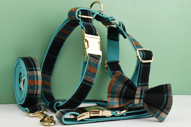 Petspuff Plaid Dog Collar, Harness & Lead Set with Bow – 4-Piece Walking Set | XS–XL