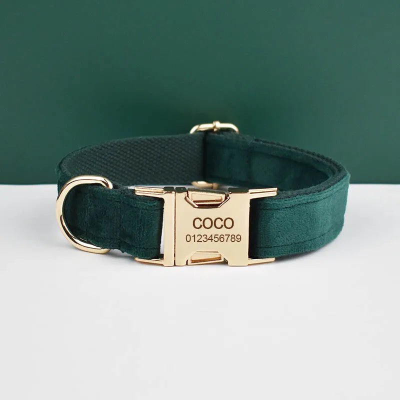 Petspuff Personalised Green Velvet Dog Collar & Lead Set – Engraved Name Tag, Bow & Harness - Petspuff
