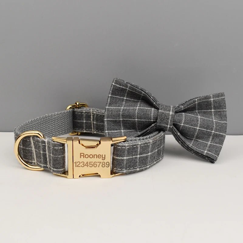 Petspuff Personalised Grey Check Dog Collar, Harness & Lead Set – Engraved Name Tag, Bow & Poop Bag Holder