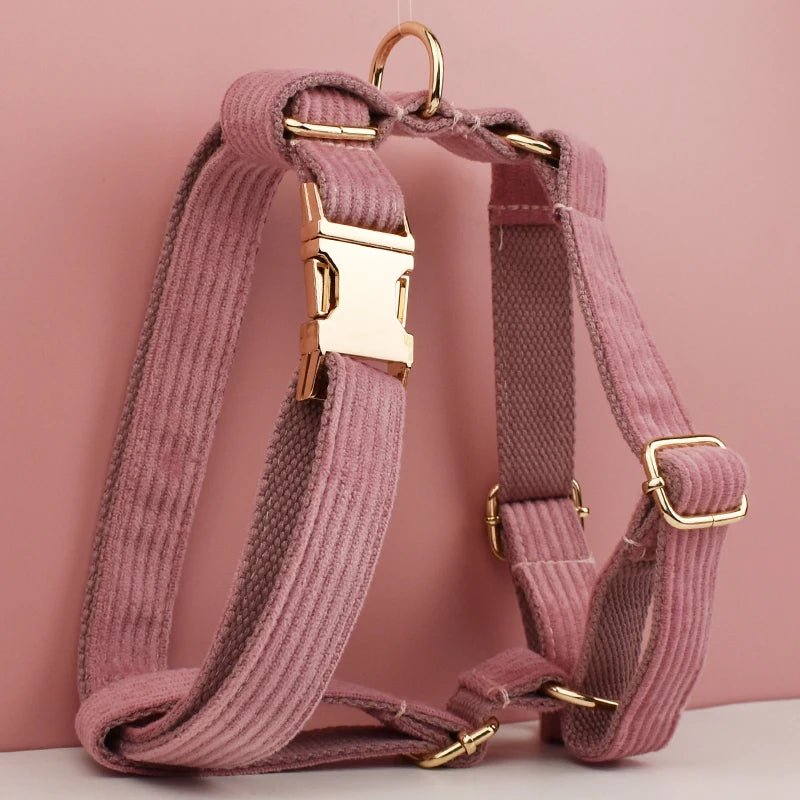Petspuff Personalised Nude Pink Corduroy Dog Collar & Lead Set – Engraved Name Tag, Bow & Harness