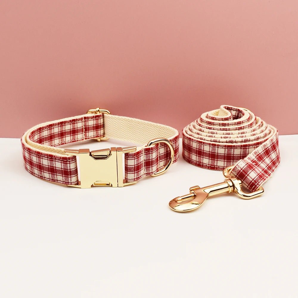 Petspuff Personalised Red Plaid Dog Collar, Harness & Lead Set – Engraved Name Tag & Bow | Christmas