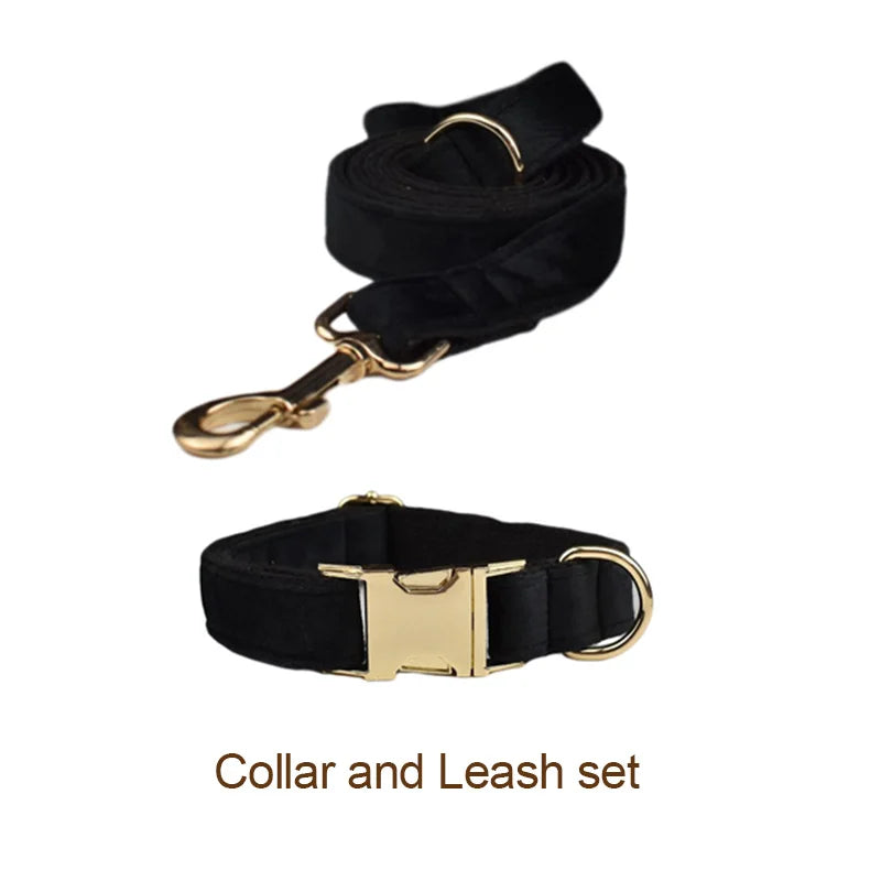 Petspuff Personalised Black Velvet Dog Collar & Lead Set – Engraved Name Tag, Bow & Harness