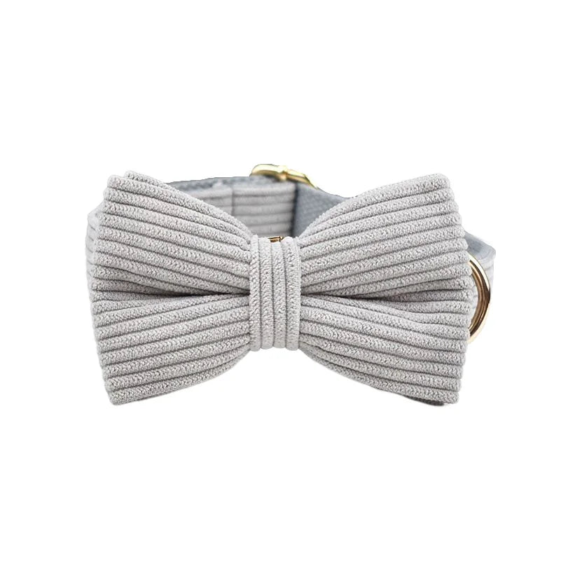 Petspuff Personalised Light Grey Corduroy Dog Collar & Lead Set – Engraved Name Tag, Bow & Harness