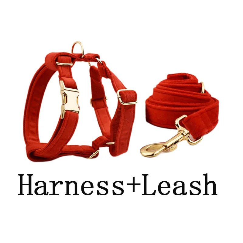 Petspuff Personalised Red Velvet Dog Collar & Lead Set – Engraved Name Tag, Bow & Harness - Petspuff