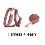 Petspuff Personalised Nude Pink Corduroy Dog Collar & Lead Set – Engraved Name Tag, Bow & Harness