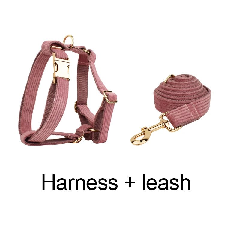 Petspuff Personalised Nude Pink Corduroy Dog Collar & Lead Set – Engraved Name Tag, Bow & Harness