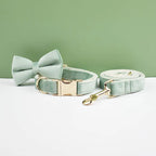 Petspuff Personalised Velvet Dog Collar with Gold Buckle, Bow Tie & Lead – Engraved Name Tag