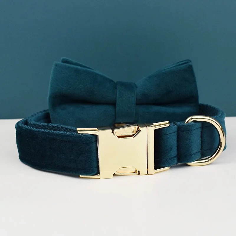 Petspuff Personalised Velvet Dog Collar with Gold Buckle, Bow Tie & Lead – Engraved Name Tag