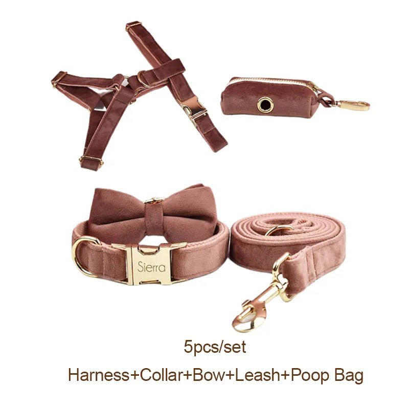 Petspuff Personalised Dusty Pink Velvet Dog Collar & Lead Set – Engraved Name Tag, Bow & Harness