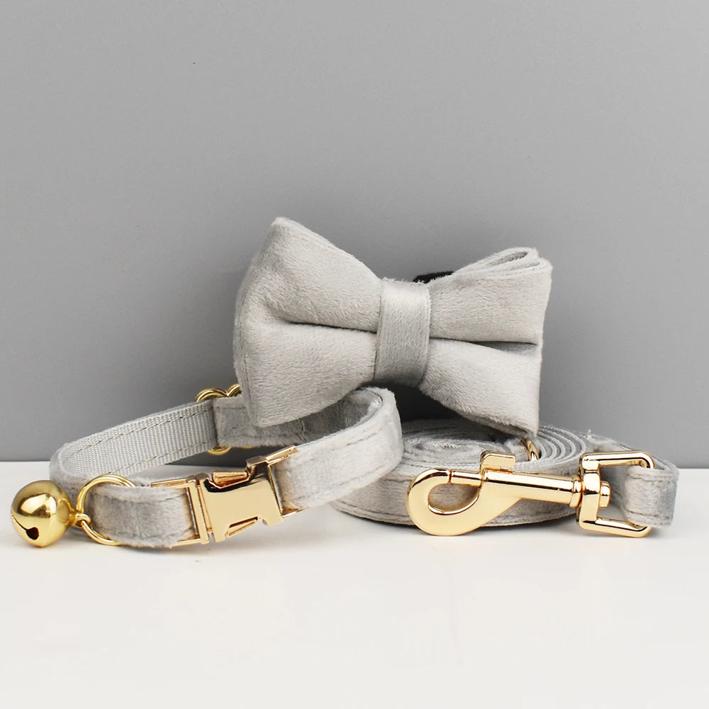 Petspuff Personalised Cat Collar with Bow & Bell – Engraved ID Tag, Harness & Lead Set
