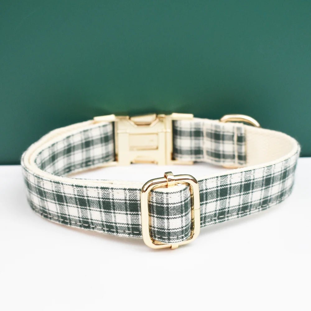 Petspuff Personalised Green Plaid Dog Collar, Harness & Lead Set – Engraved Name Tag & Bow - Petspuff