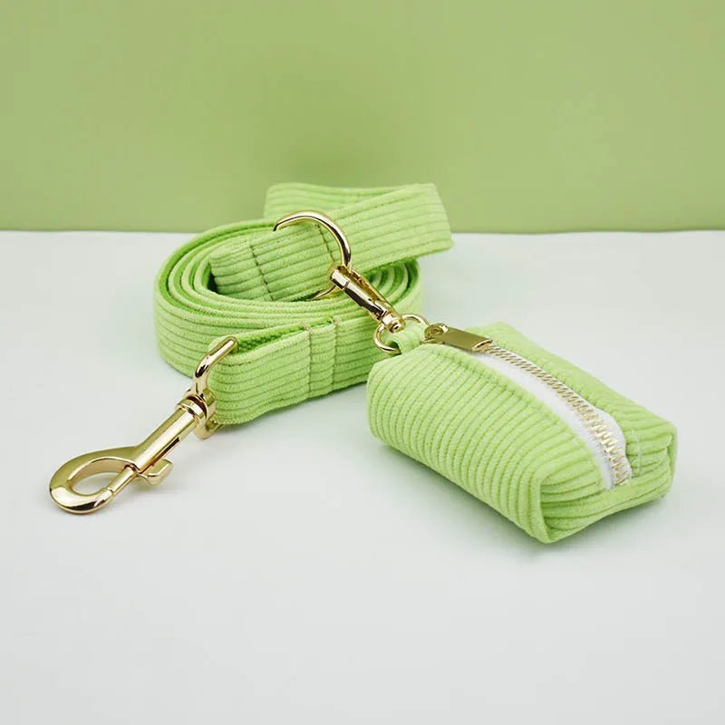 Petspuff Personalised Apple Green Corduroy Dog Collar & Lead Set – Engraved Name Tag, Bow & Harness