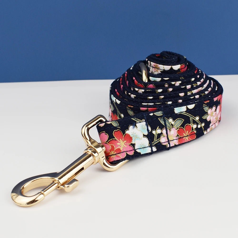Petspuff Personalised Floral Cotton Dog Collar, Harness & Lead Set – Engraved Name Tag & Bow | Style 03