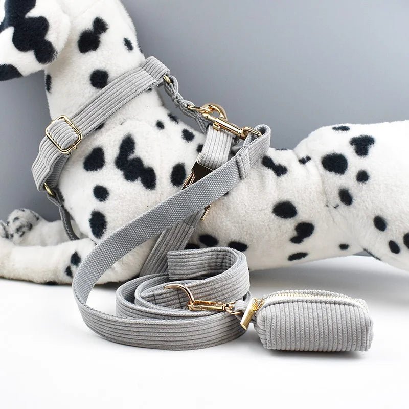 Petspuff Personalised Light Grey Corduroy Dog Collar & Lead Set – Engraved Name Tag, Bow & Harness