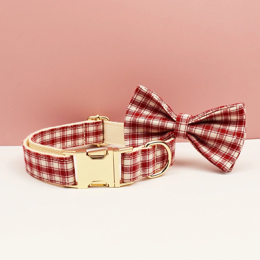 Petspuff Personalised Red Plaid Dog Collar, Harness & Lead Set – Engraved Name Tag & Bow | Christmas