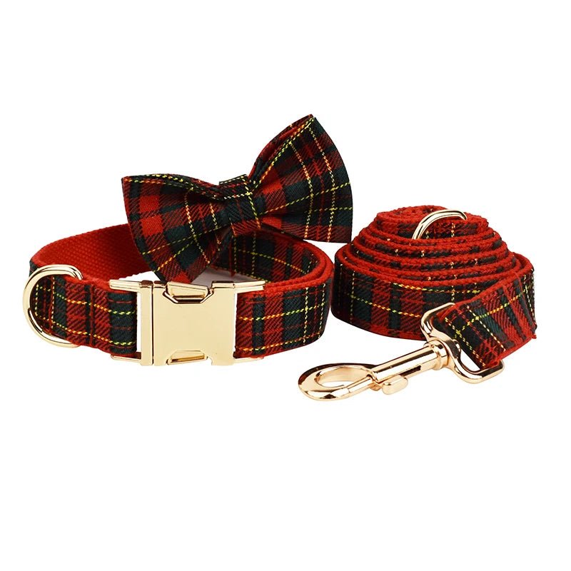 Petspuff Personalised Red Check Christmas Dog Collar & Lead Set – Engraved Name Tag & Bow