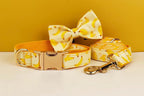 Petspuff Personalised Banana Print Dog Collar, Harness & Lead Set – Engraved Name Tag & Bow