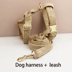 Petspuff Personalised Light Khaki Dog Collar, Harness & Lead Set – Engraved Nameplate & Bow