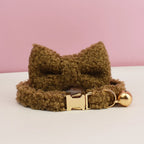 Petspuff Personalised Teddy Fleece Cat Collar with Bell & Bow Tie – Engraved Name Tag