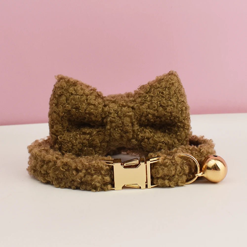 Petspuff Personalised Teddy Fleece Cat Collar with Bell & Bow Tie – Engraved Name Tag