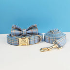 Petspuff Personalised Check Plaid Dog Collar & Lead Set – Engraved Name Tag, Bow & Harness