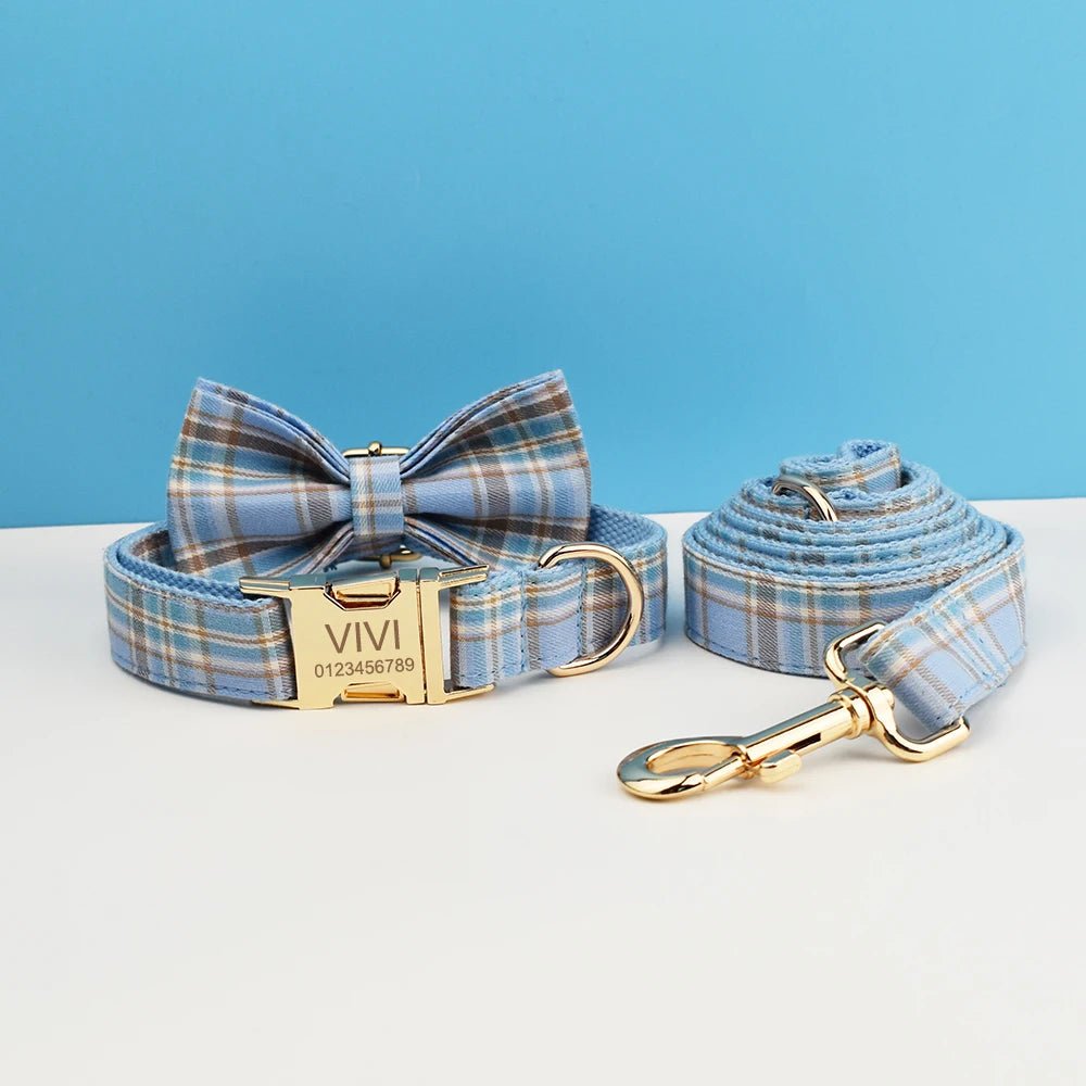 Petspuff Personalised Check Plaid Dog Collar & Lead Set – Engraved Name Tag, Bow & Harness