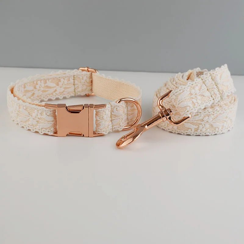 Petspuff Personalised Lace Dog Collar & Lead – Gold or Rose Gold, Engraved Nameplate | Wedding