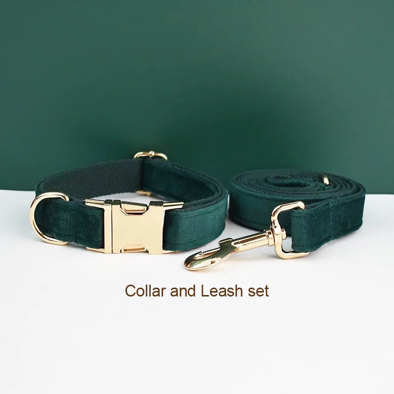 Petspuff Personalised Green Velvet Dog Collar & Lead Set – Engraved Name Tag, Bow & Harness - Petspuff