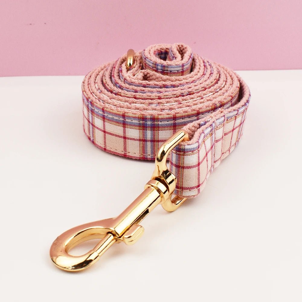 Petspuff Personalised Pink Plaid Dog Collar, Harness & Lead Set – Engraved Name Tag & Bow - Petspuff