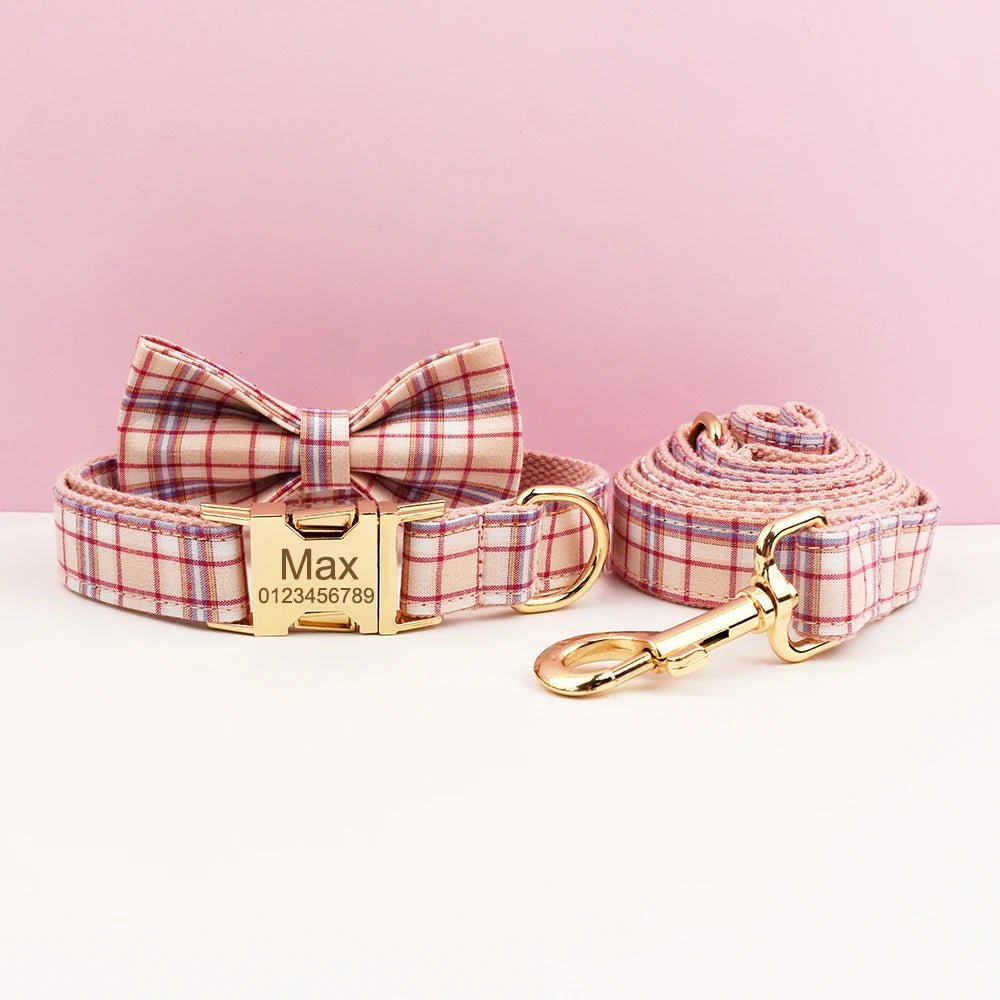 Petspuff Personalised Plaid Bow Dog Collar & Lead – Engraved Name Tag | 7 Designs, XS–XL - Petspuff