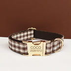 Petspuff Personalised Coffee Plaid Dog Collar, Harness & Lead Set – Engraved Name Tag & Bow
