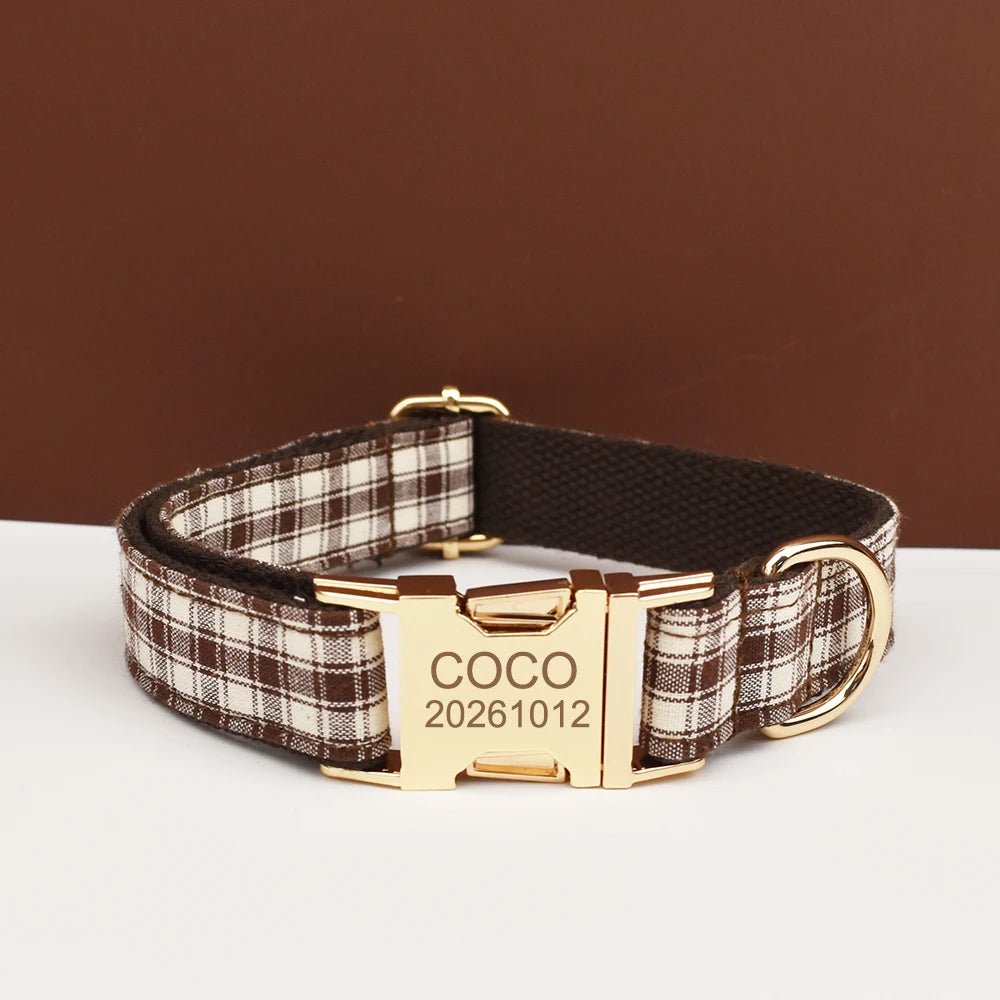 Petspuff Personalised Coffee Plaid Dog Collar, Harness & Lead Set – Engraved Name Tag & Bow