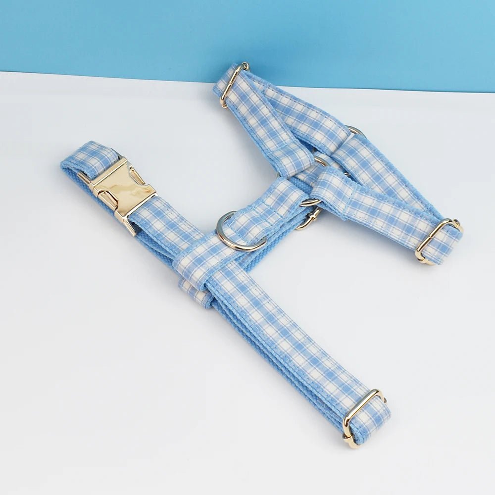 Petspuff Personalised Plaid Dog Collar, Harness & Lead Set – Engraved Name Tag & Bow | Style 29