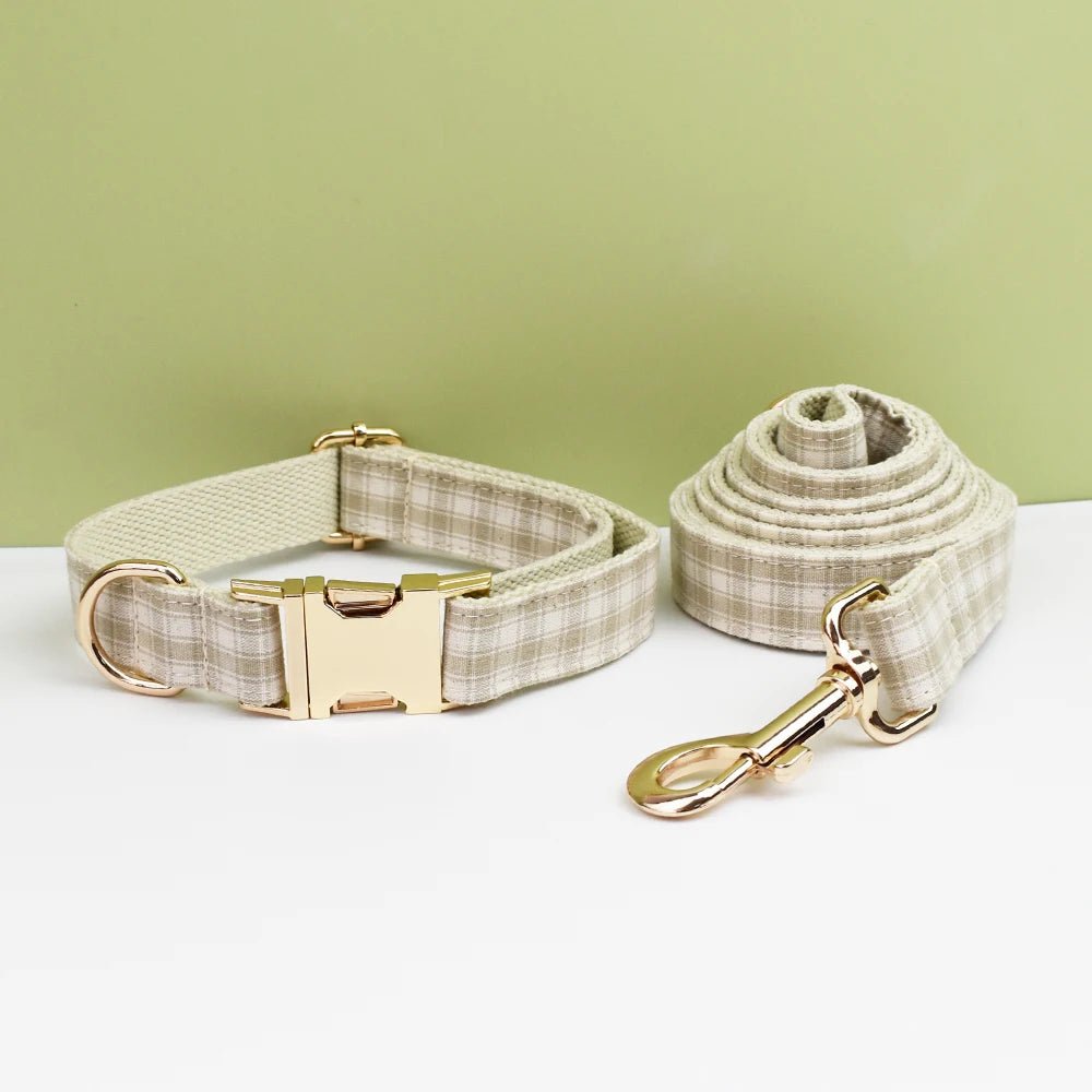 Petspuff Personalised Designer Plaid Dog Collar, Harness & Lead Set – Engraved Name Tag & Bow | Style 31