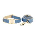 Petspuff Personalised Denim Print Dog Collar & Lead Set – Engraved Name Tag, Bow & Harness