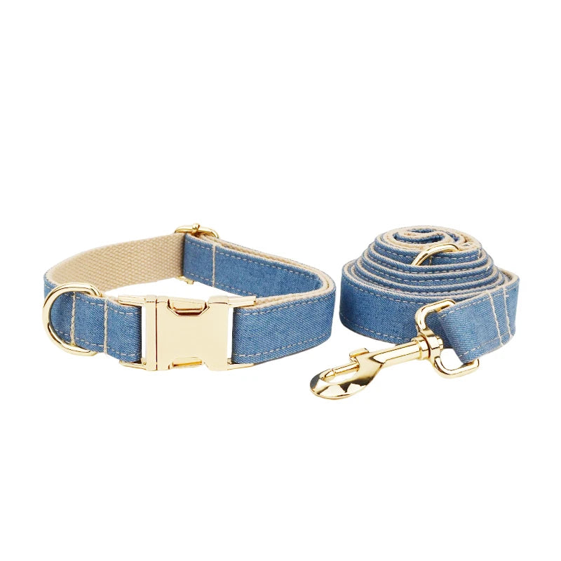 Petspuff Personalised Denim Print Dog Collar & Lead Set – Engraved Name Tag, Bow & Harness